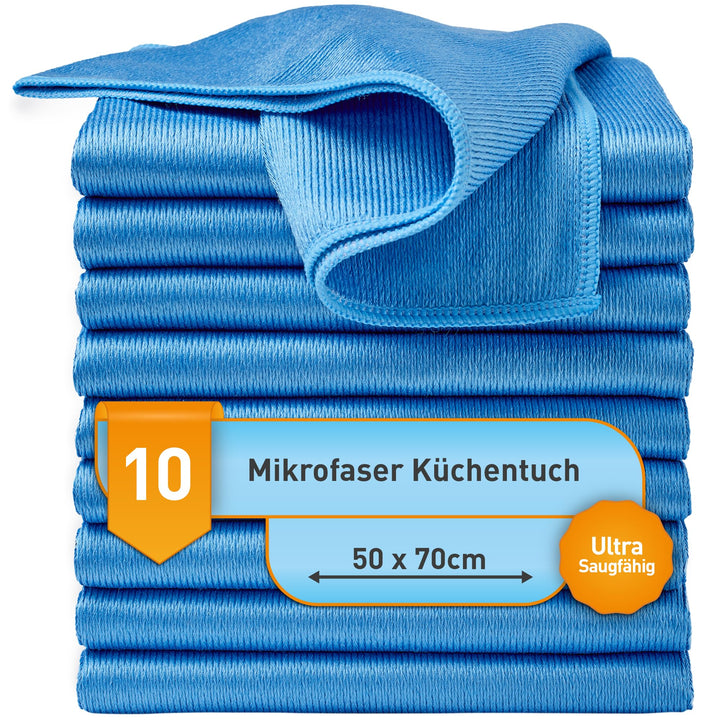 Ultra Mikrofaser Küchentuch Geschirrtuch Trockentuch 50x70 cm, blau, 10 Stück, Profipack, Waschbar,