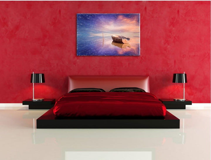 Pixxprint Einsames Boot auf See als Leinwandbild/Grösse: 100x70 cm/Wandbild/Kunstdruck/fertig bespan