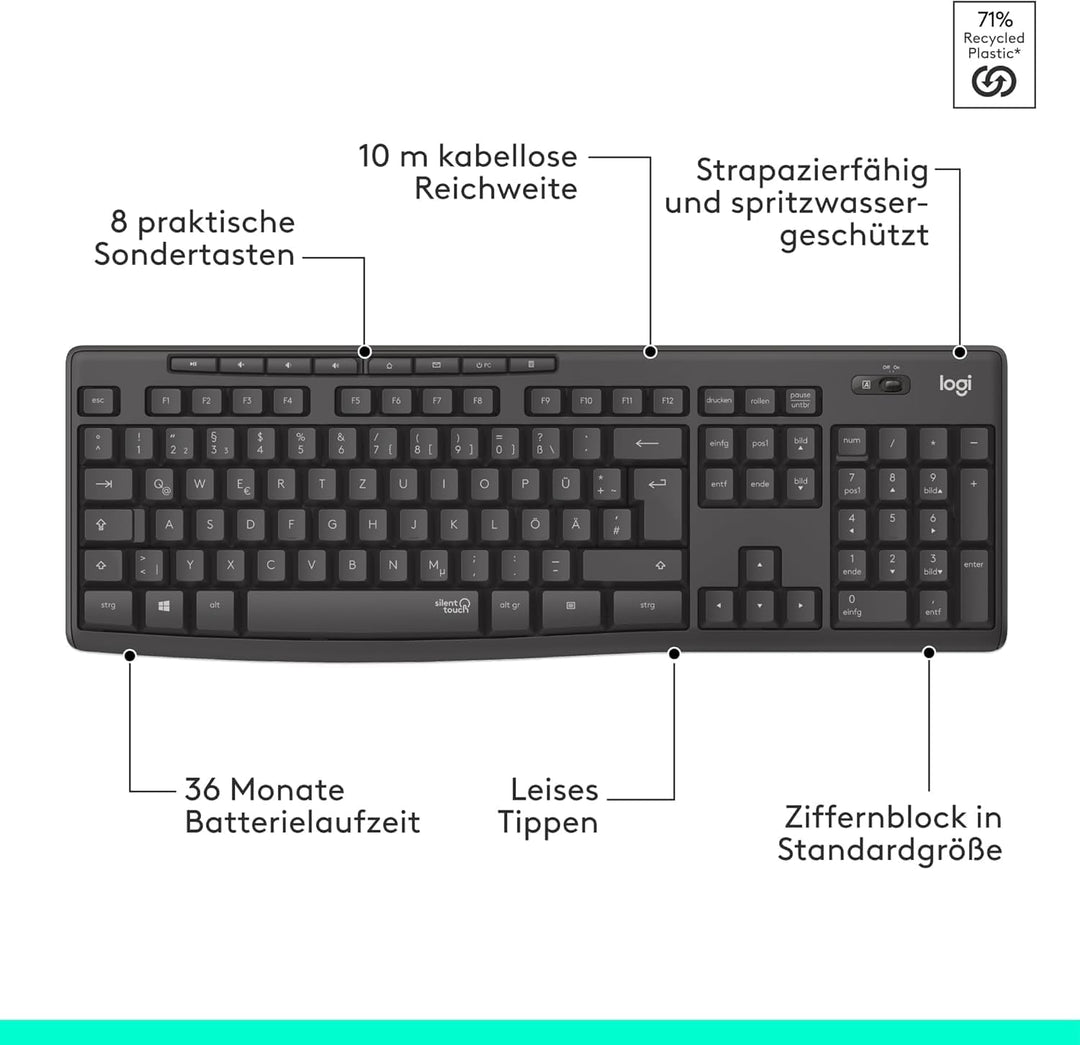 Logitech MK295 kabelloses Tastatur-Maus-Set mit SilentTouch-Technologie, Shortcut-Tasten, optischer