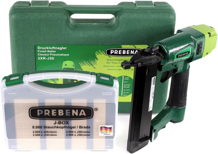 PREBENA 2XR-J50 Luftdruck Druckluftnagler im Transportkoffer + J-BOX 8,000 Stauchkopfnägel/Brads, Gr