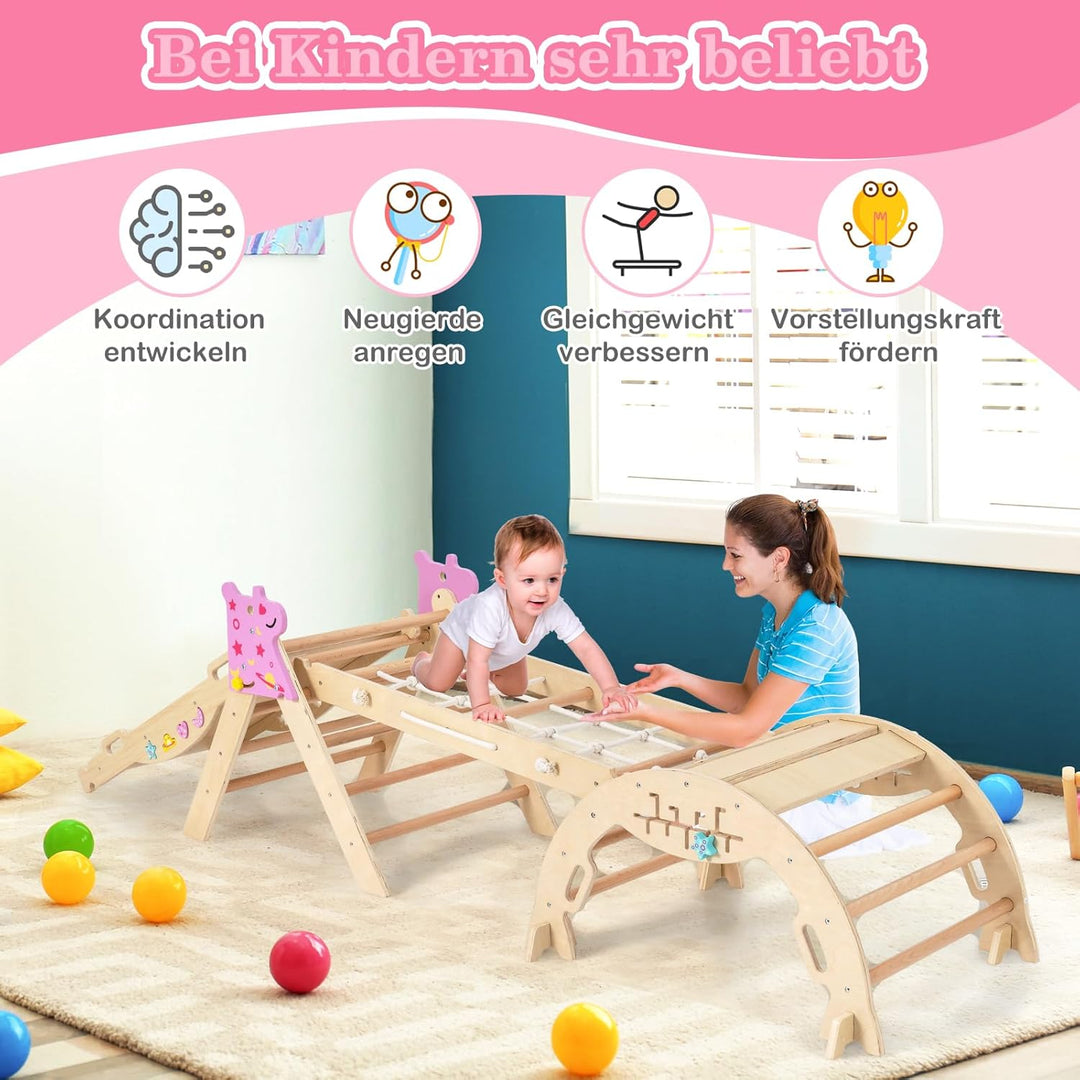 COSTWAY Klettergerüst Indoor 4er Set, klappabres Kletterdreieck mit Rutsche, Kletterbogen, Netz, ink