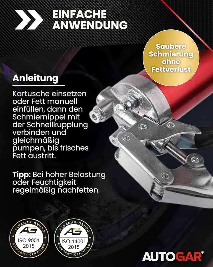 Einhand-Fettpresse mit Schlauch &amp; Zubehör I 8000 PSI Hochdruckpresse für 400 g Kartuschen I Kartusch