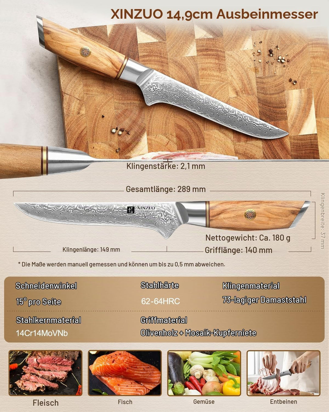 XINZUO 14.9cm Damaststahl Ausbeinmesser, Filetiermesser 73 Schichten Damastpulverstahl Profi Küchenm