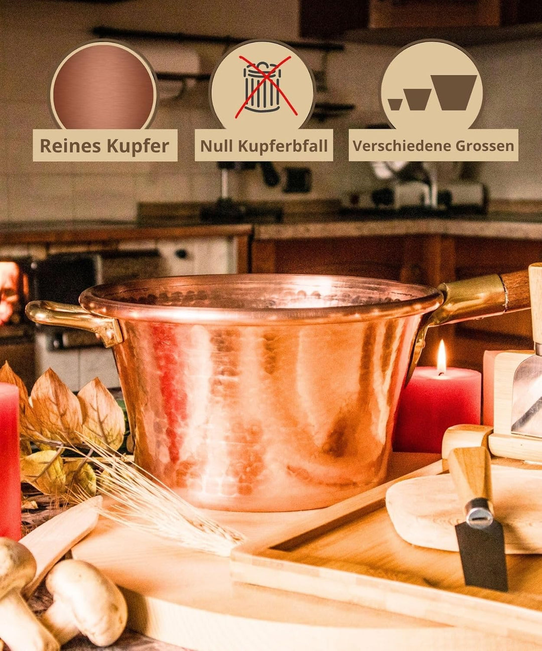 CREARTISTIC 100% Made in Italy kupfertopf - Kessel aus massivem Kupfer 30 cm - für Polenta - mit Hol
