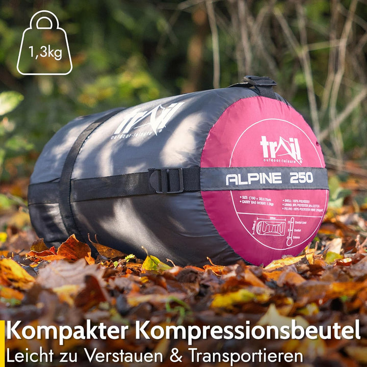 Trail-Alpin-Schlafsack mit Kapuze – 250 g Schlafsack, 3-Jahreszeiten- Schlafsack. Leicht, kleines Pa