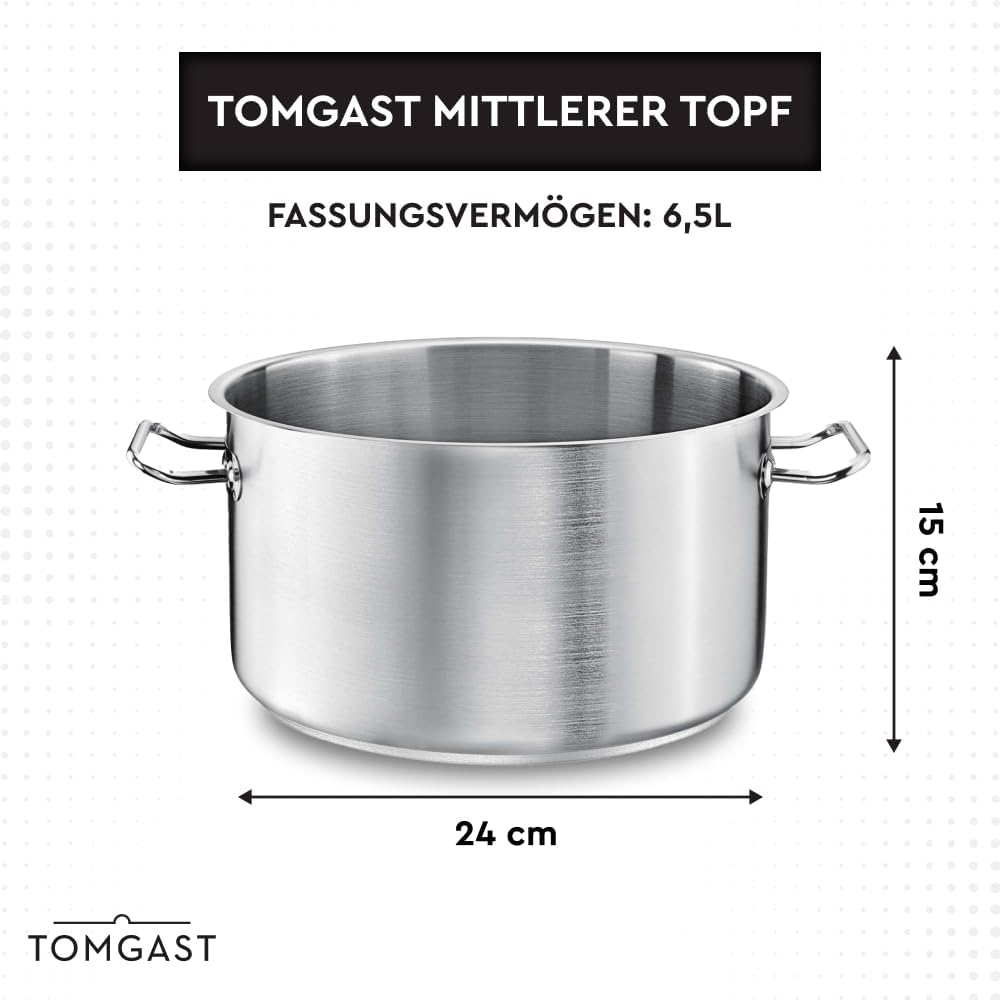 Topf Durchmesser: 24 cm Höhe: 15 cm Fassungsvermögen: 6,5 l | Edelstahl 18/10 | Wandstärke 1 mm bis