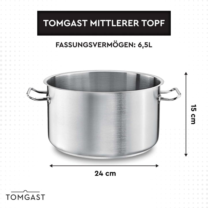 Topf Durchmesser: 24 cm Höhe: 15 cm Fassungsvermögen: 6,5 l | Edelstahl 18/10 | Wandstärke 1 mm bis