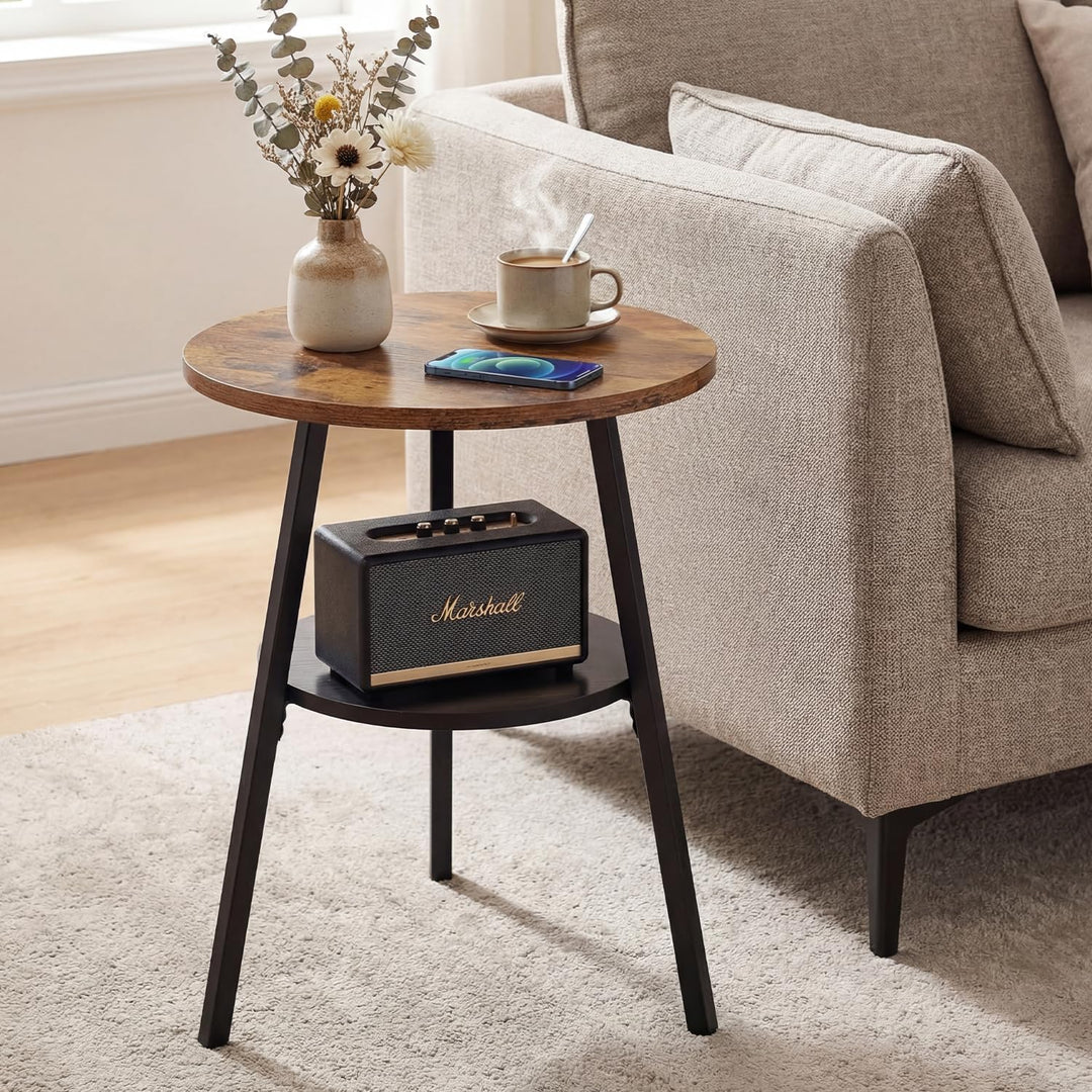 Beistelltisch Rund, Couchtisch Klein mit 2 Etagen, Runder Holz Beistelltisch im Vintage Stil, Rustik