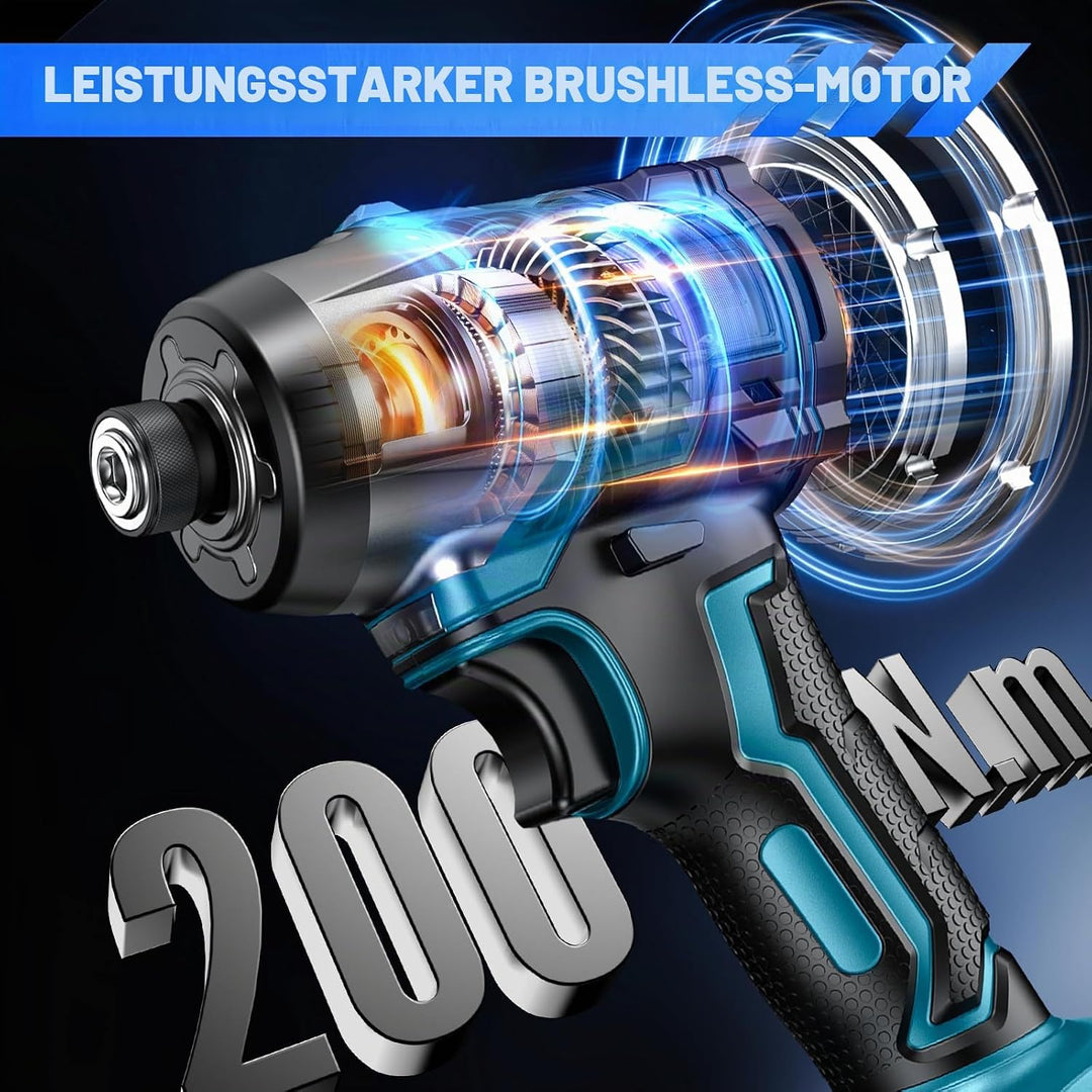 Akkuschrauber für Ma-kita 18V, 200Nm Bürstenloser Schlagbohrschrauber, 1/4" Bohrschrauber mit LED Li