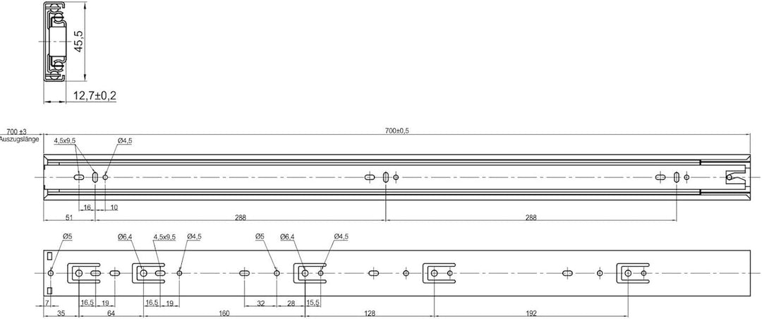 1 Paar Vollauszüge KV2-35-H45-L700-SE mit Selbsteinzug Länge 700 mm Höhe 45 mm Führungsschienen bela