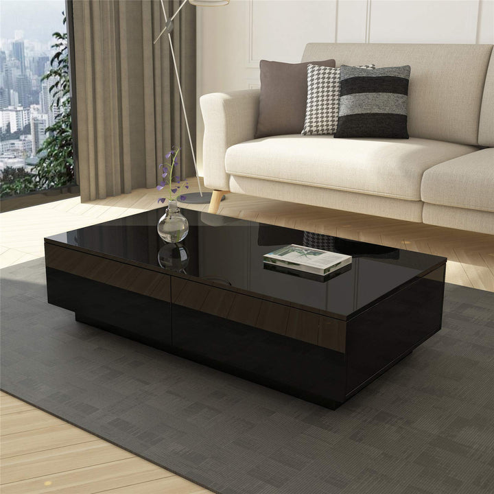 Couchtisch, Couchtisch mit Stauraum, schwarz glänzender Couchtisch für Wohnzimmer, rechteckiger Mitt