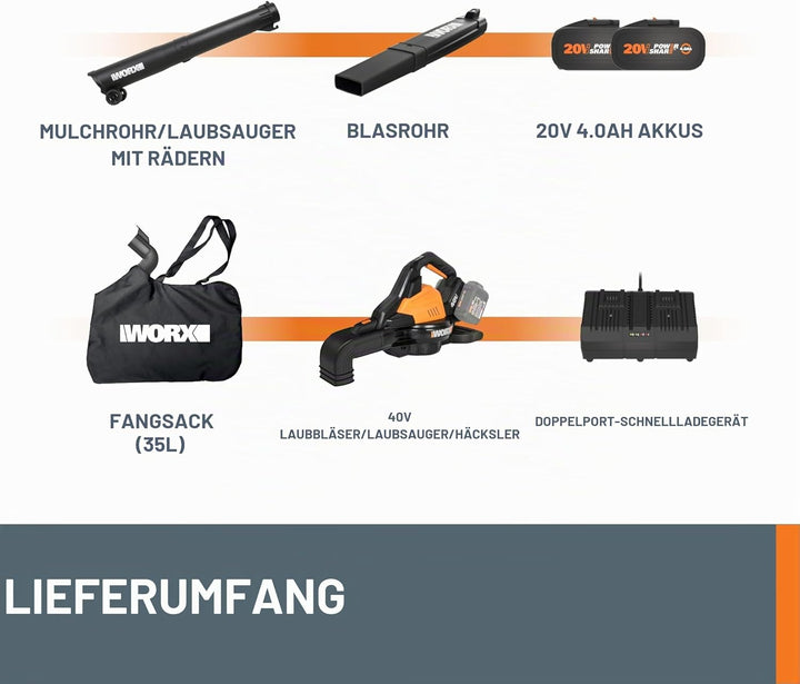 WORX WG583E Akku-Laubbläser/Laubsauger 40V – 3-in-1 Multifunktion zum Laub Zusammenkehren, Aufsaugen