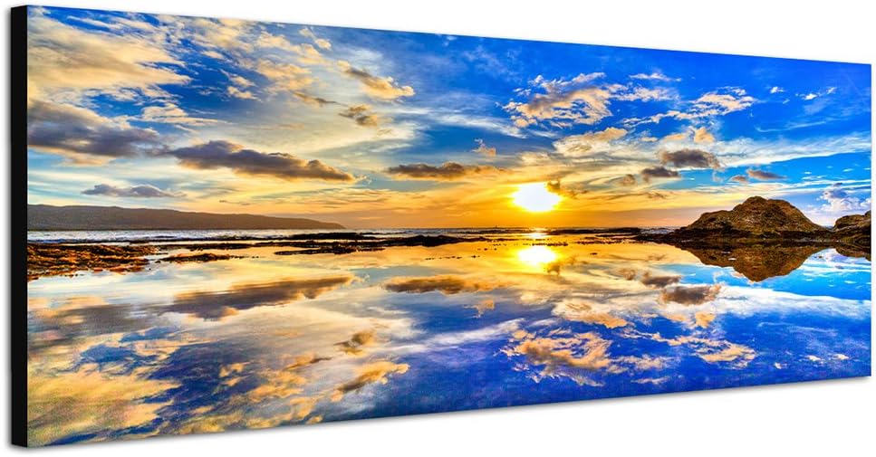 Paul Sinus Art Panoramabild auf Leinwand und Keilrahmen 150x50cm Meer Wolken Sonnenuntergang Spiegel