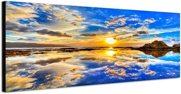 Paul Sinus Art Panoramabild auf Leinwand und Keilrahmen 150x50cm Meer Wolken Sonnenuntergang Spiegel