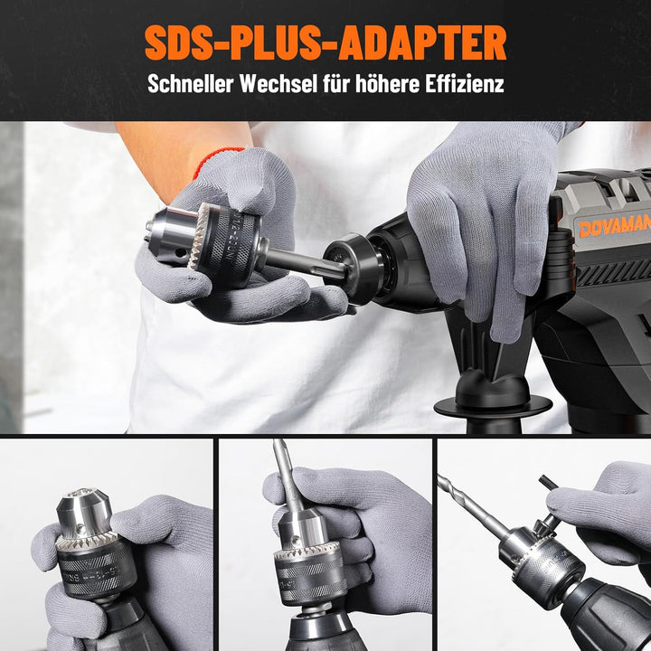 DOVAMAN RH15A 40MM Bohrhammer SDS-Plus, 4 in 1 Funktionen, Mehrmaterialnutzung, 1500W/7J, Sicherheit