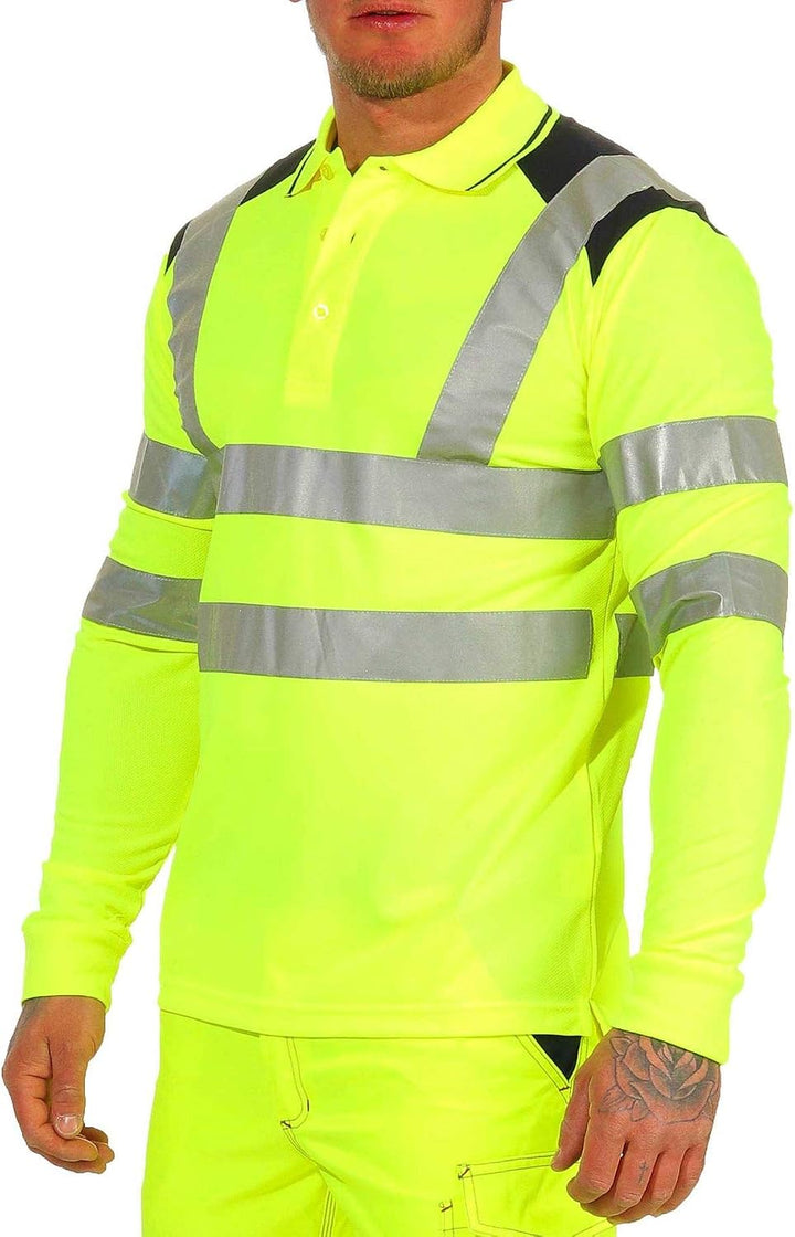 Herren Warnschutz Langarmshirt Poloshirt, Hohe Sichtbarkeit Reflexstreifen EN ISO 20471 Klasse 2, Ne
