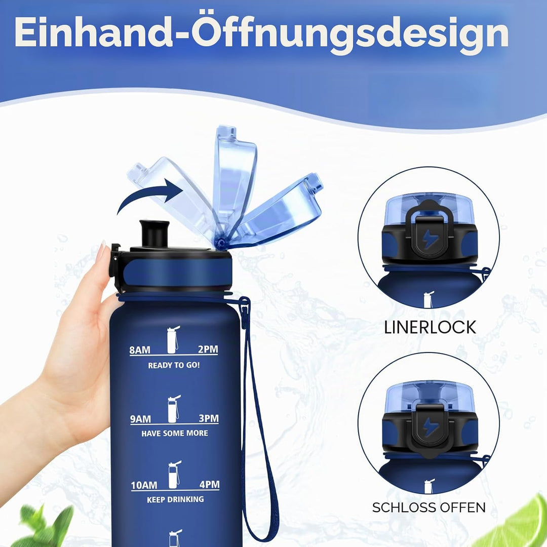 Trinkflasche 500ml/1L, Trinkflasche mit Zeitmarkierung und Filter, Auslaufsicher Wasserflasche Kohle