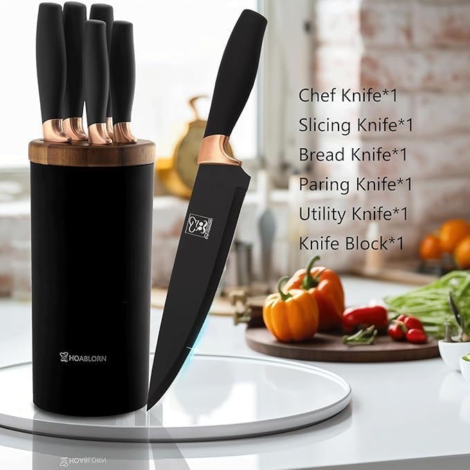 Messerblock Set 6-teilig – Küchenmesser Set mit rundem, schwarzem Messerhalter, platzsparend & leich