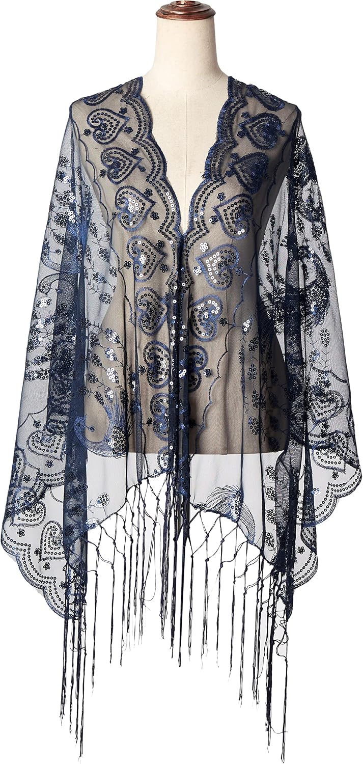 BABEYOND Pailletten-Schal für Damen, 1920er-Stil, Fransen, Abendumhang, Hochzeit, Braut-Schal, Schal