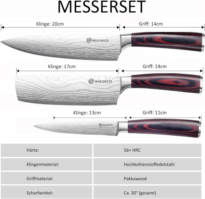 WULECCO Messerset 3-teilig, Professionelles Küchenmesser set, Messer set mit Hochwertiger Hochkohlen