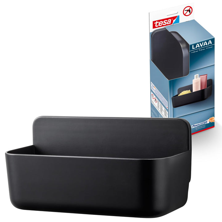 tesa Lavaa Duschkorb M, schwarz matt - Duschablage zur Wandmontage ohne Bohren, inkl. tesa Powerstri