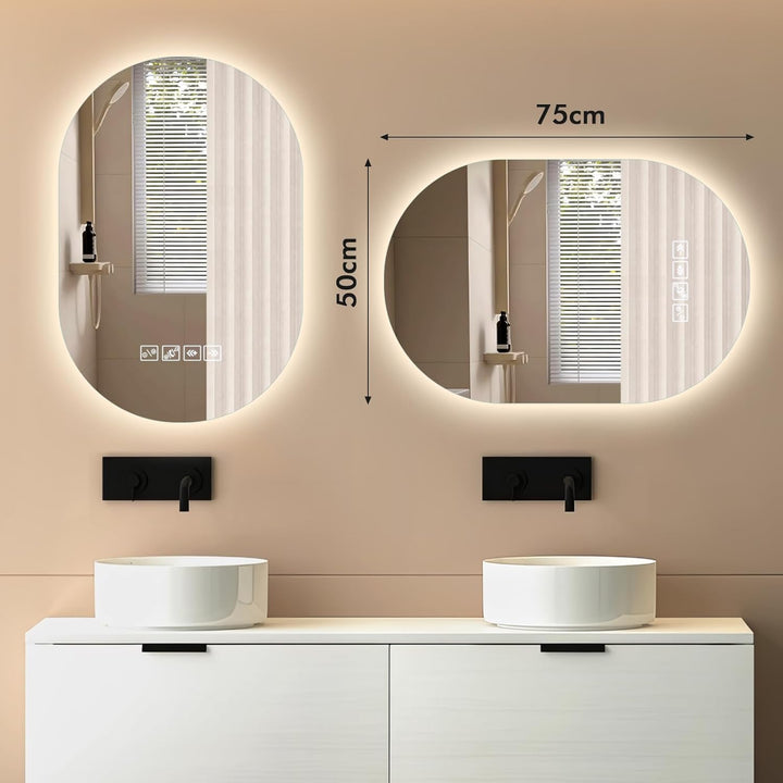 Badspiegel mit Beleuchtung mit Bluetooth Lautsprecher 50x75cm,Runden LED Badezimmerspiegel mit Entfo