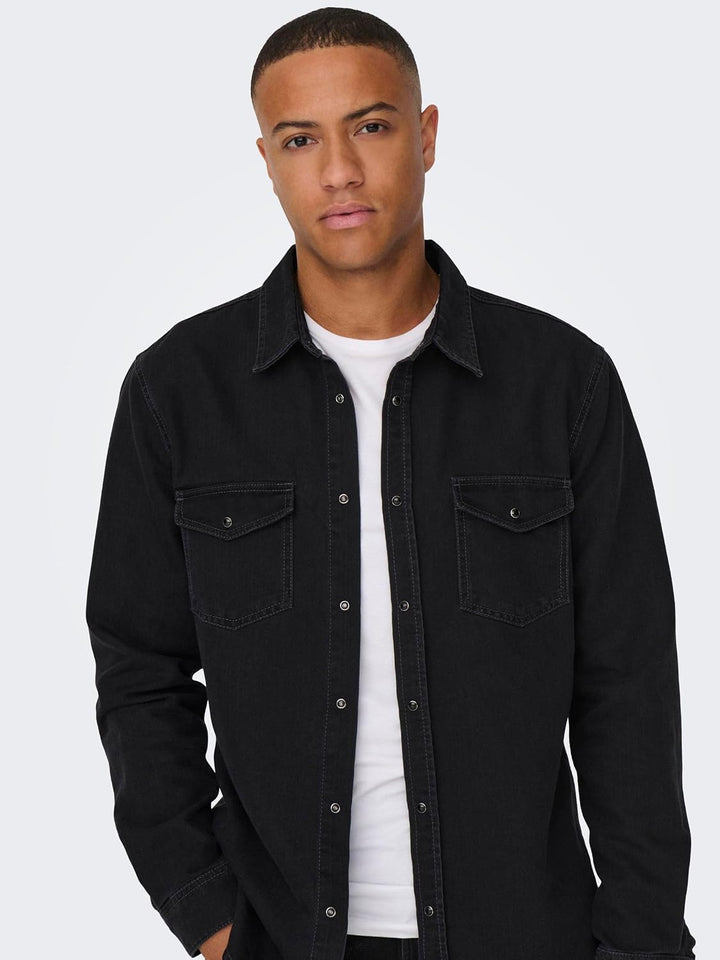 ONLY &amp; SONS Male Jeanshemd Normal geschnitten Hemdkragen Hemd XS Dark Grey Denim, XS Dark Grey Denim