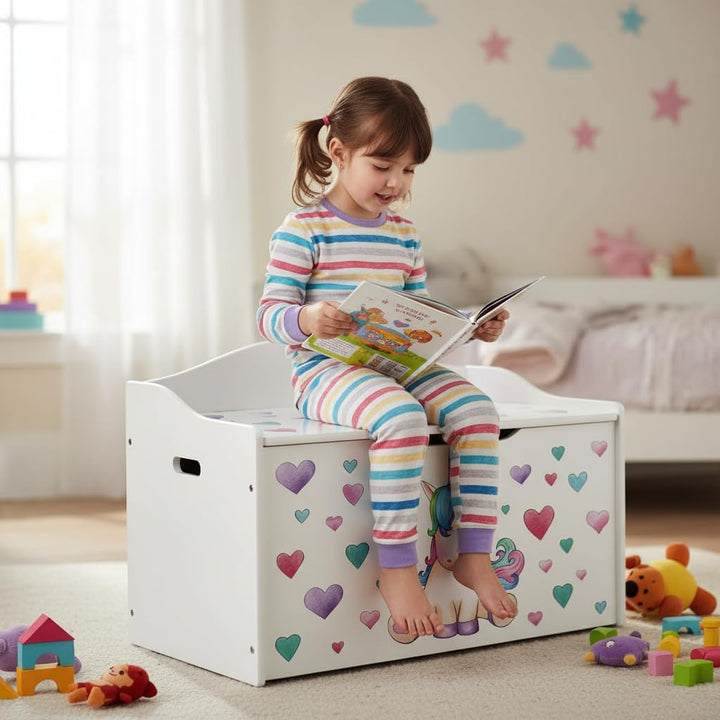 Leomark Kinderbank Hölzerne - Unicorn - Kindertruhenbank, Behälter für Spielzeug, Truhe für Kinderzi