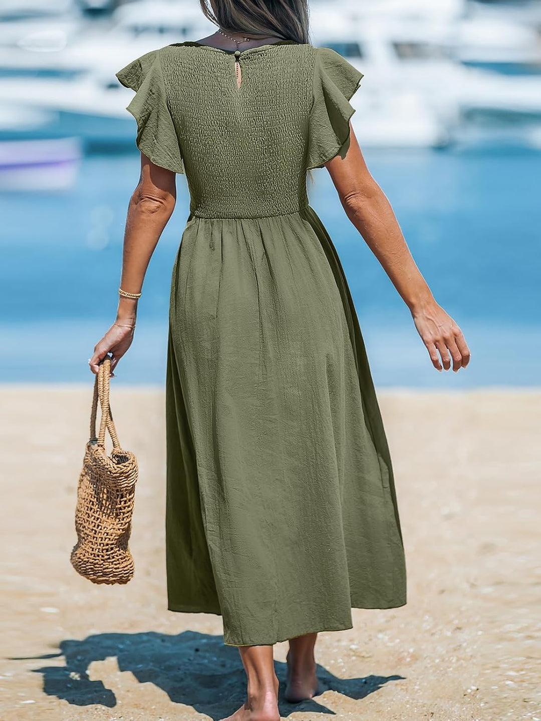CUPSHE Damen Sommerkleid Quadratischer Ausschnitt Volantärmel Nadelstreifen A Linie Gesmoktes Maxikl