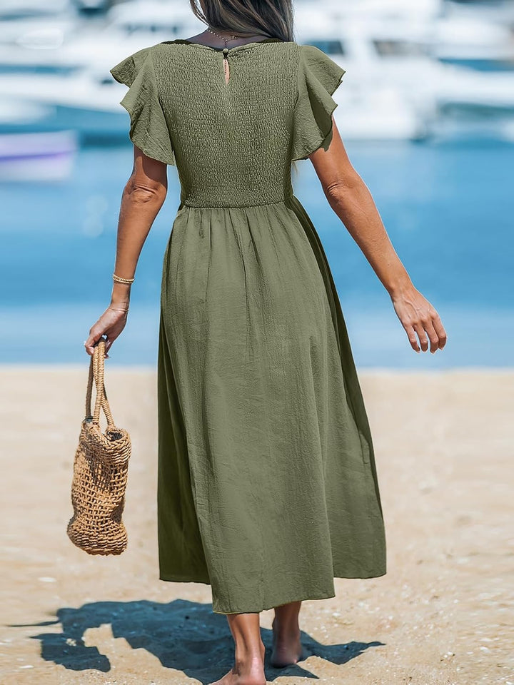 CUPSHE Damen Sommerkleid Quadratischer Ausschnitt Volantärmel Nadelstreifen A Linie Gesmoktes Maxikl