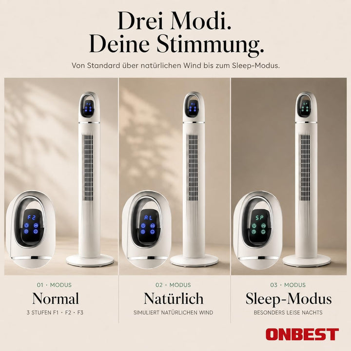 Onbest Turmventilator leise, 45 W stromsparender Tower-Ventilator mit Fernbedienung, 80° Oszillation