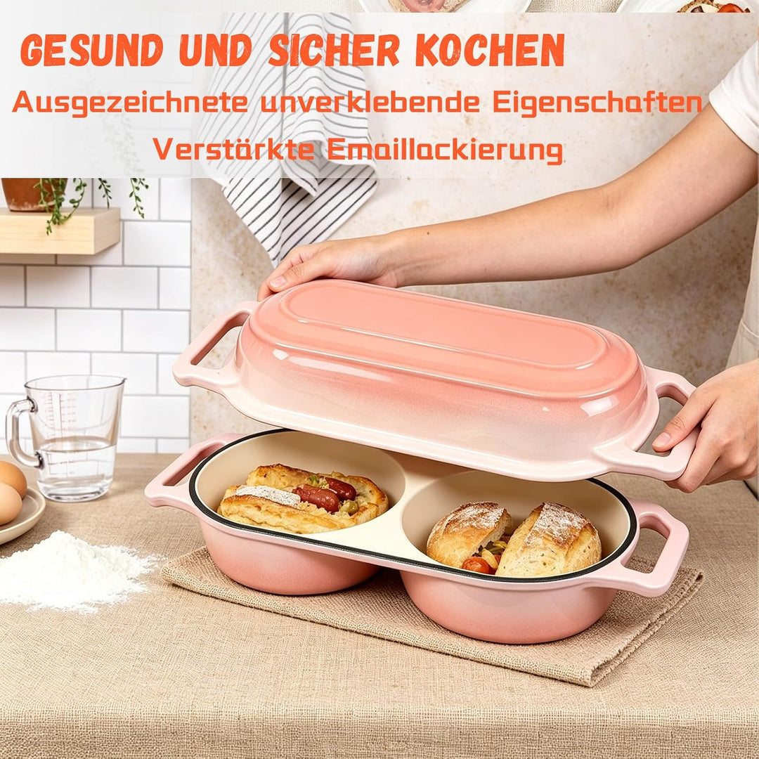 LINMAGCO Emaillierte Brotbackform aus Gusseisen, Brotbackform mit Deckel inkl, zwei runde Backfächer
