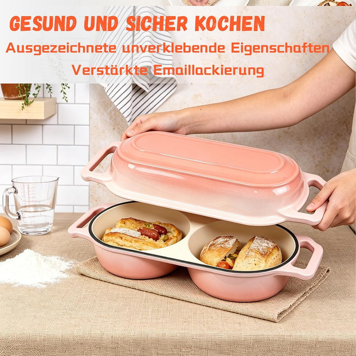 LINMAGCO Emaillierte Brotbackform aus Gusseisen, Brotbackform mit Deckel inkl, zwei runde Backfächer