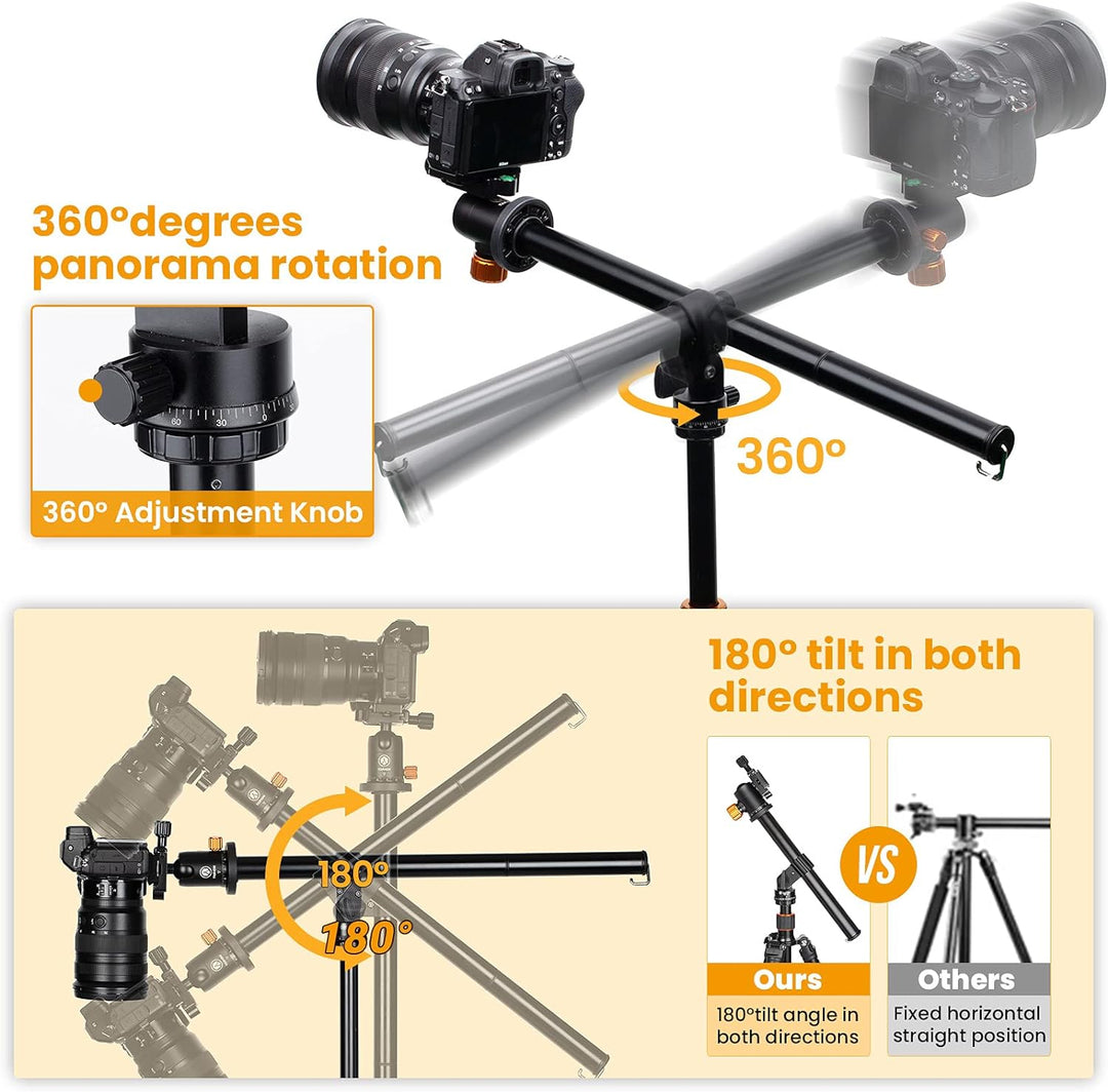 TARION Kamera Stativ mit Transversal Mittelsäule, Aluminium Fotostativ Reisestativ mit 360° Kugelkop
