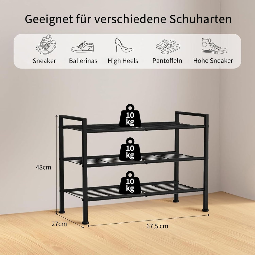 Schuhregal 3 Ebenen, platzsparendes Schuhregal aus Metall, stapelbar & verstellbar, robuster Shoe Ra