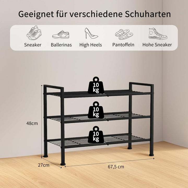 Schuhregal 3 Ebenen, platzsparendes Schuhregal aus Metall, stapelbar & verstellbar, robuster Shoe Ra