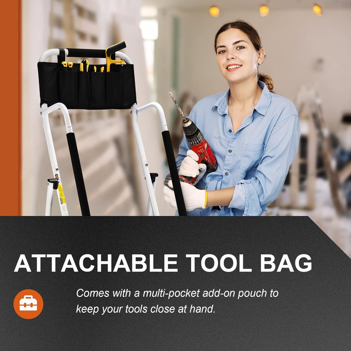 HBTower Leiter 4 Stufen, Trittleiter mit Handläufen, klappbarer Tritthocker mit ansteckbarer Werkzeu