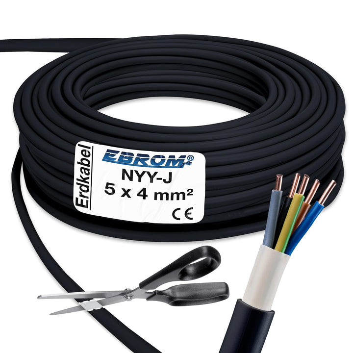 EBROM Erdkabel NYY-J 5x4 mm² Starkstromkabel Erdleitung schwarz - 65 m 65 Meter, 65 Meter