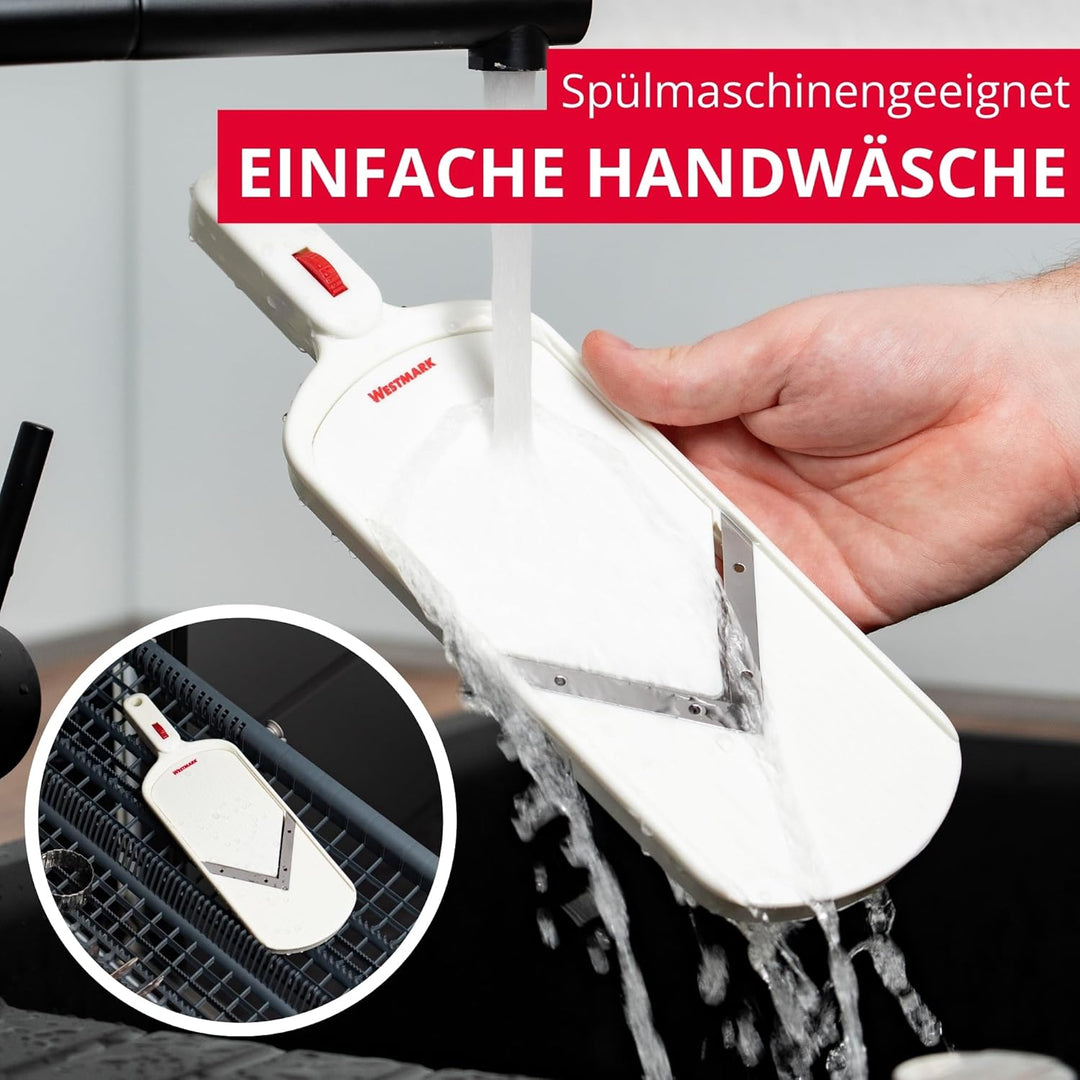 Westmark Gemüseschneider mit verstellbarer Schnittstärke, V-förmige Edelstahlklinge, mit Restehalter