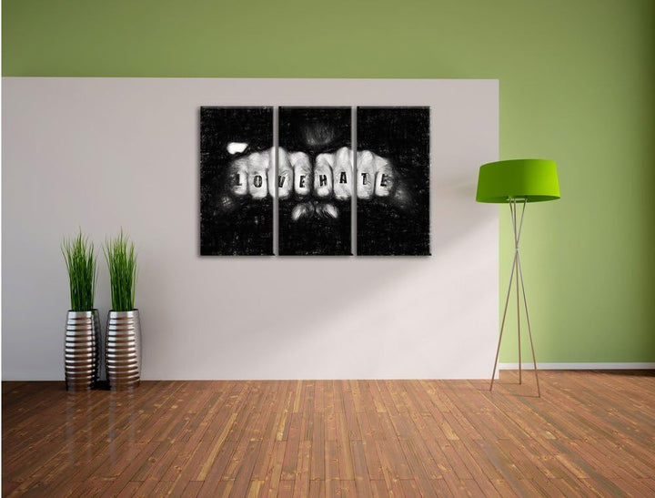 Pixxprint Love Hate Fäuste als Leinwandbild 3 teilig/Grösse: 3 Teilig (120x80) / Wandbild/Kunstdruck