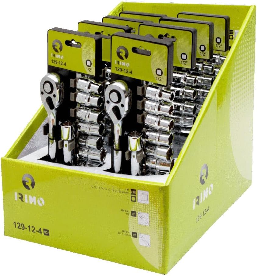 Caja expositora carraca 1/2", 10 vasos (10-24mm) y alargadera 125mm