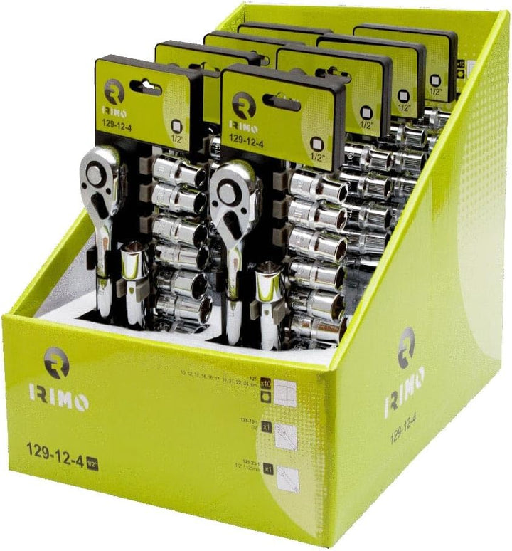 Caja expositora carraca 1/2", 10 vasos (10-24mm) y alargadera 125mm