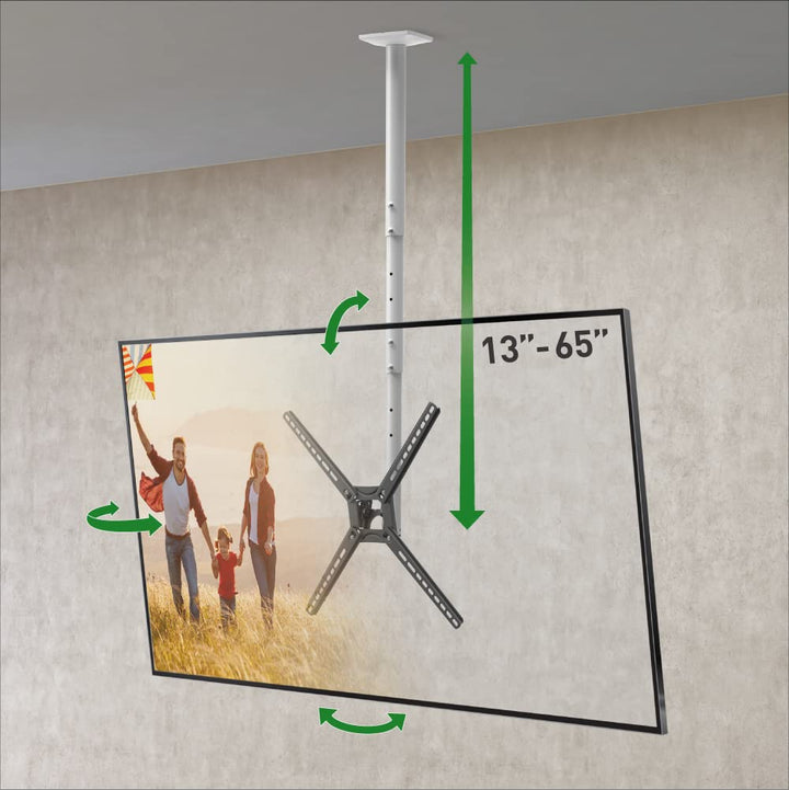 Barkan 97cm Lange Weiss TV Deckenhalterung, 13-65 Zoll Neigbar Fernseher TV Halterung, hält bis 40Kg