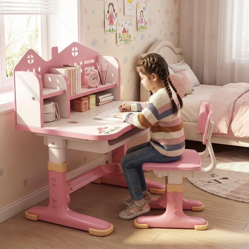 Ergonomisches Schreibtisch- und Stuhl-Set für Kinder, höhenverstellbarer Schultisch mit Bücherregal,