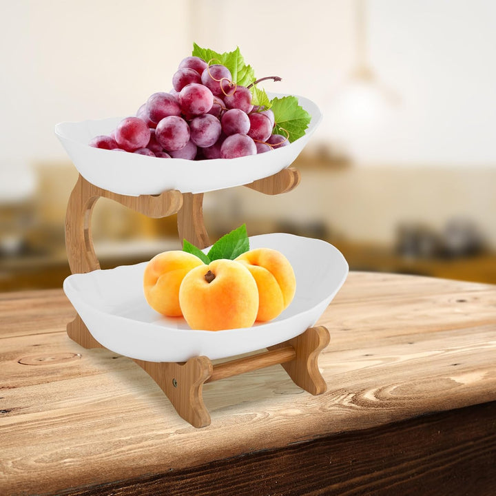 Obst Etagere Obstschale Obstteller 2 Etagen mit Natürlichem Bambus Ständer Servierteller Etagere 2 S