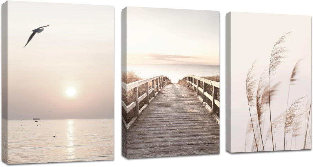 3 Teilig Strand Sonnenuntergang Bilder Set, Aesthetic Natur Landschaft Wandbilder mit Rahmen, Modern