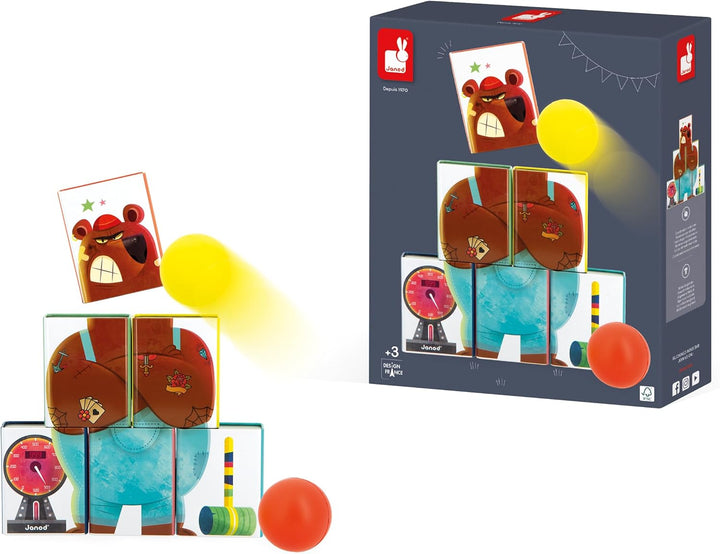 Janod - Dosenwerfen Applepop - Geschicklichkeitsspiel - 6 Metalldosen + 2 Schaumstoffbälle - Outdoor