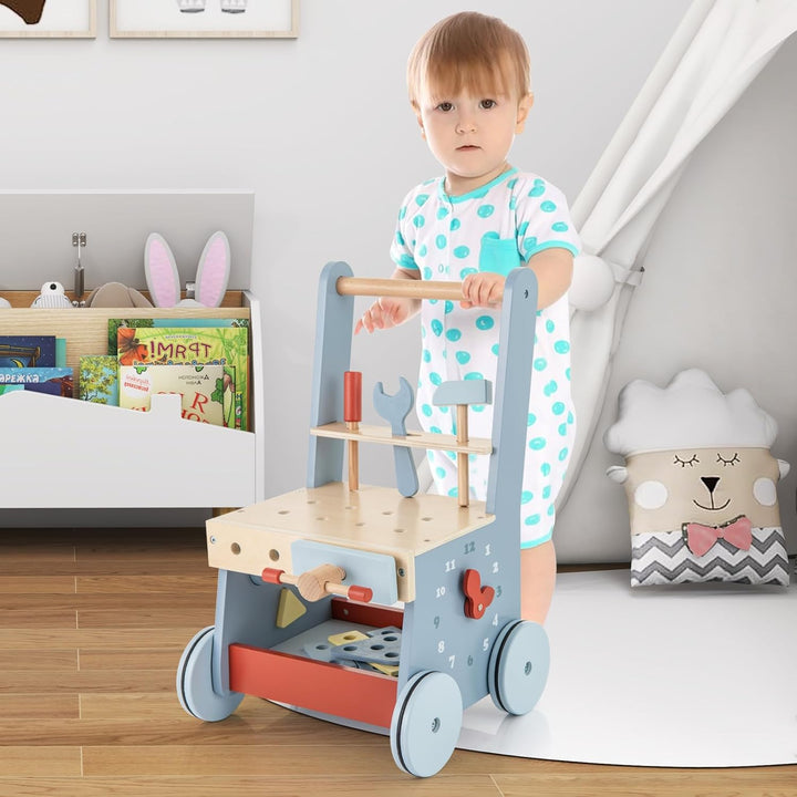 COSTWAY Lauflernwagen Holz, Baby Lauflernhilfe mit Multi-Aktivitätszentrum, Kinder Werkbank Spieltis