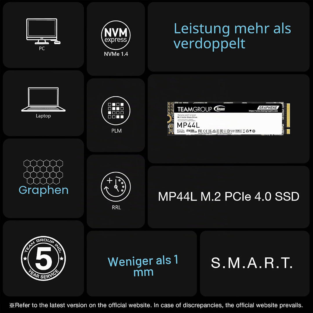 TEAMGROUP MP44L 2TB SLC Cache NVMe 1.4 PCIe Gen 4x4 M.2 2280 Laptop & Desktop SSD (R/W Geschwindigke