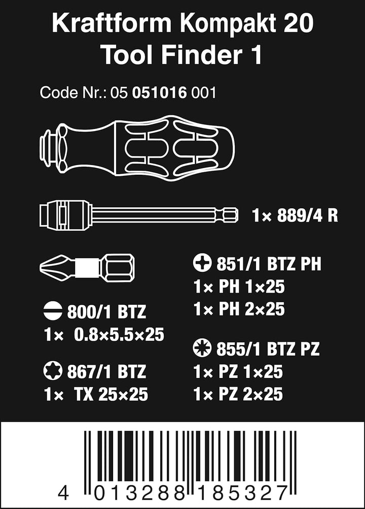 Wera 05051016001 Kraftform Kompakt 20 Tool Finder 1, mit Tasche, 7-teilig, Schwarz Grün, One size &